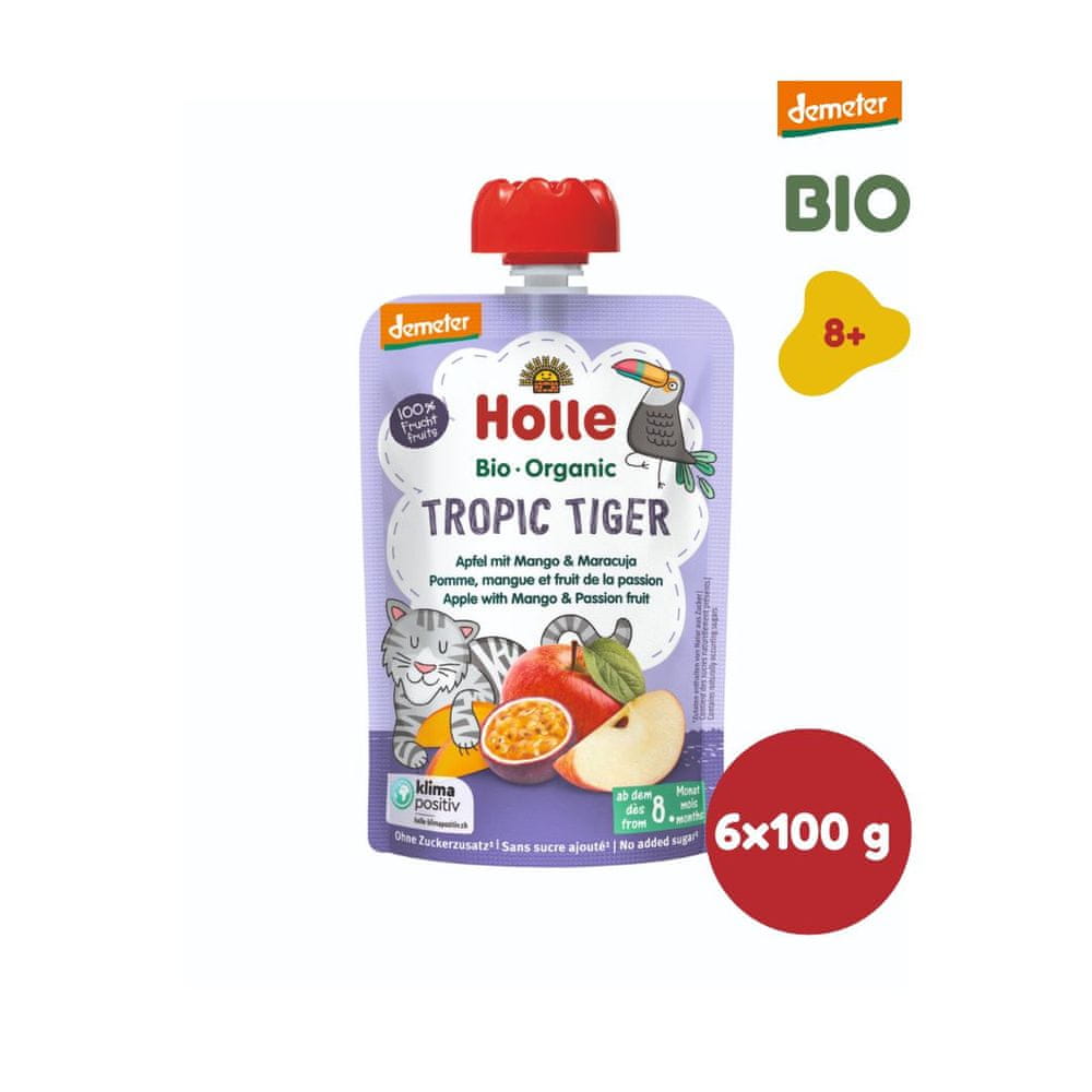 Holle Bio Tropic Tiger 100% ovocné pyré jablko mango maracuja - 6 x 100g